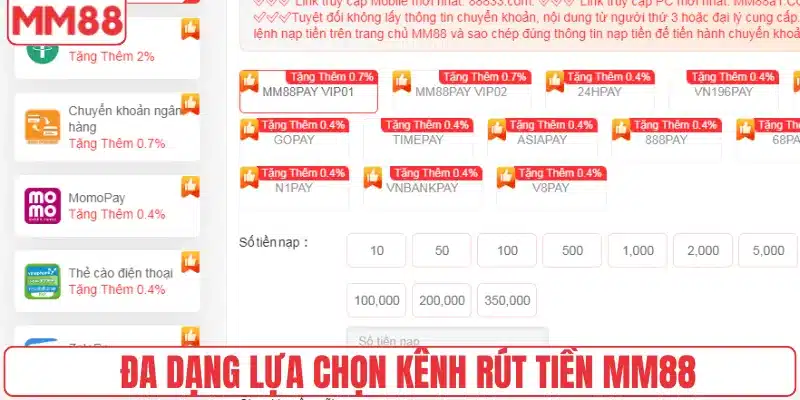 Rút Tiền 2 Đa dạng lựa chọn kênh rút tiền MM88